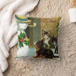 Vintage Noël bonhomme de neige et chats coussin
