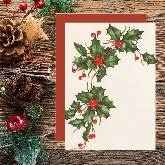 Vintage Noël, Holly Red Berries Invitation