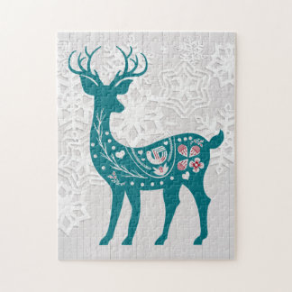 Vintage Nordic Elk Deer met Snowflakes Legpuzzel