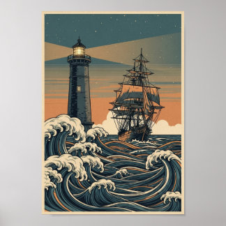 Vintage Oceaan Vuurtoren Print Posters