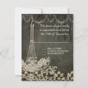 Vintage Oiffeltoren Zwarte Tan Wedding RSVP Kaartje