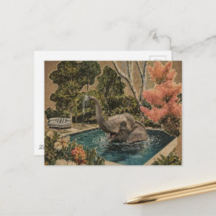 Vintage olifant in het zwembad briefkaart