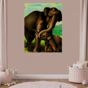 Vintage olifant koe met haar kalf perfect poster