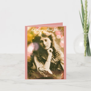 Vintage Oud en Nieuw Vrouw in Roze Kaart