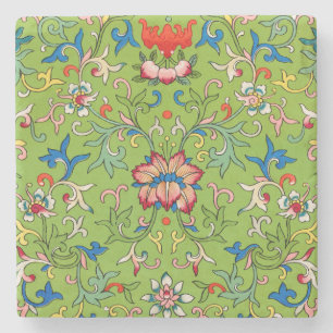 Vintage Owen Jones Chinees Ornament Groen Bloemmot Stenen Onderzetter