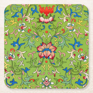 Vintage Owen Jones Chinees Ornament Groen Bloemmot Vierkante Kartonnen Onderzetter