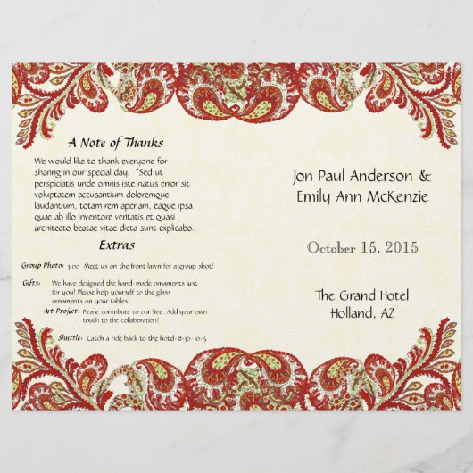 Vintage Paisley Peacock Programme de mariage rouge (Devant)