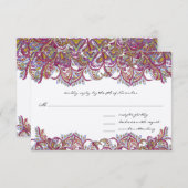 Vintage Paisley Raspberry Feathers RSVP Kaartje (Voorkant / Achterkant)