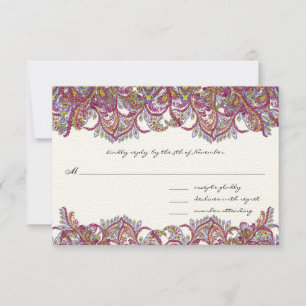 Vintage Paisley Raspberry Feathers RSVP Kaartje