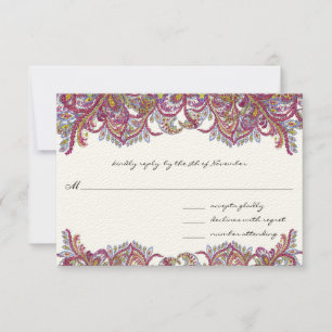 Vintage Paisley Raspberry Feathers RSVP Kaartje