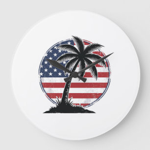Vintage Palmboom Amerikaanse Vlag Zomer T-shirt_1 Grote Klok