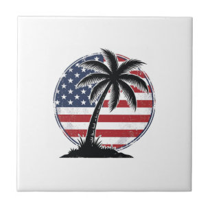 Vintage Palmboom Amerikaanse Vlag Zomer T-shirt_1 Tegeltje
