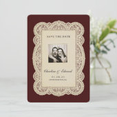 Vintage Paper Lace Burgundy Save the Date (Staand voorkant)