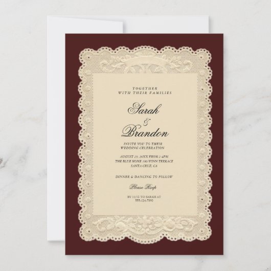 Vintage Paper Lace Burgundy Wedding Invitation (Devant)