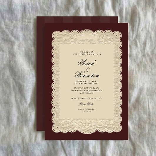 Vintage Paper Lace Burgundy Wedding Invitation