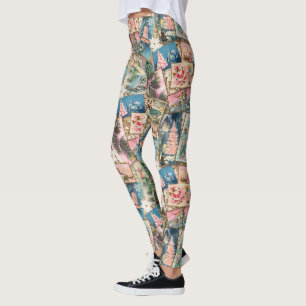Vintage Pastel Kerstkaart Collage Leggings