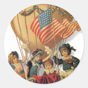 Vintage Patriottisch, Kinderen in een Heet Luchtba Ronde Sticker