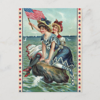 Vintage Patriottisch Strand Vrouwen Ansichtkaart Briefkaart