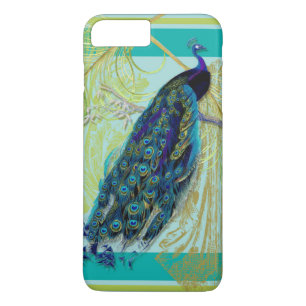 Vintage Pauw met Gegraveerde Krullen en Veer Kunst iPhone 8 Plus / 7 Plus Hoesje