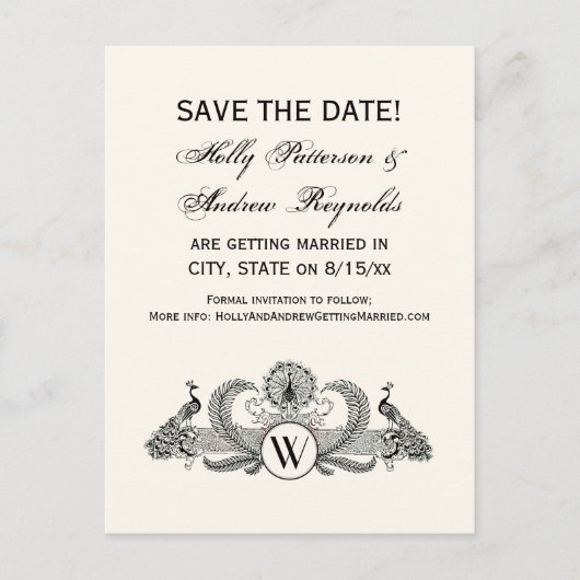 Vintage Pauwen Monogram Ivoor BG Aankondigingskaart (Voorkant)