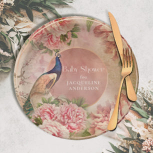 Vintage Peacock Elegant Pink Peony Baby Shower pap Papieren Bordje