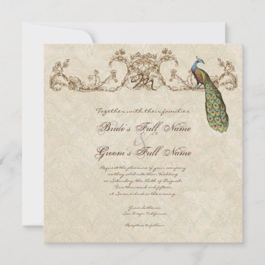 Vintage Peacock & Etchings Wedding Invitation (Devant)