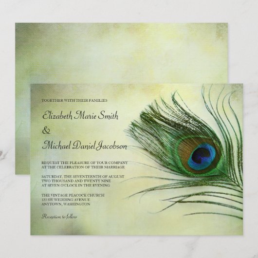 Vintage Peacock Feather Wedding Invitations (Devant / Derrière)