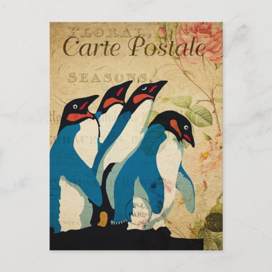 Vintage Penguins Floral Flowers Briefkaart (Voorkant)
