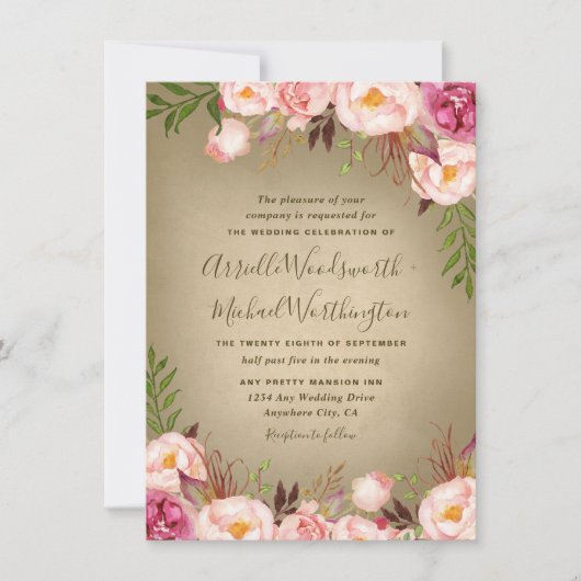 Vintage Peony Rose Blush Wedding Invitations (Devant)