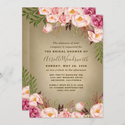 Vintage Peony Rustic Douche nuptiale Invitations (Devant / Derrière)