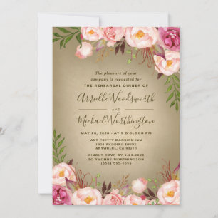 Vintage Peony Rustic Rehearer Dîner Invitations