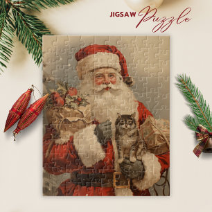 Vintage Père Noël Chat Noël Jigsaw Puzzle Puzzle