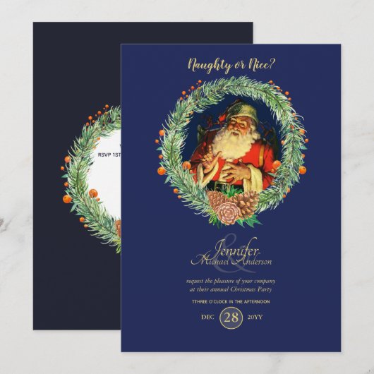 Vintage Père Noël Noël Invitation Blue Red (Devant / Derrière)