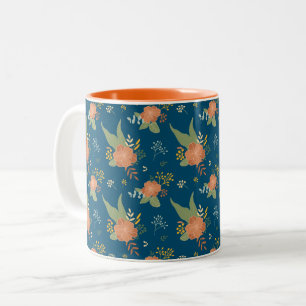 Vintage Perzik Bloem Patroon Donkerblauw Tweekleurige Koffiemok