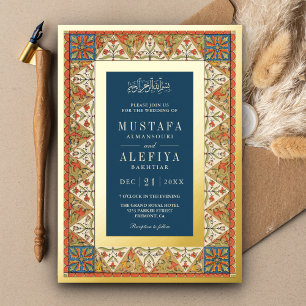 Vintage Perzisch Blauw Muslim Huwelijk Goud Kader Folie Uitnodiging