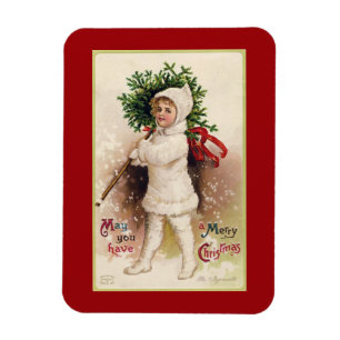 VINTAGE "PETITE FILLE AVEC ARBRE" MAGNET DE NOËL