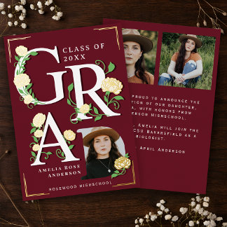 Vintage Photo Floral Graduation Foil Announcement Folie Uitnodiging