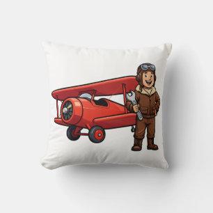 Vintage Piloot met Rode Tweedekker Cartoon Kunst Kussen