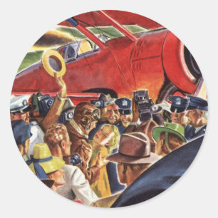 Vintage piloot van een eenmotorig vliegtuig met pa ronde sticker