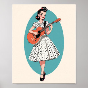 Vintage Pin-Up Meisje dat Akoestische Gitaar Speel Poster