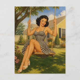 Vintage Pin-Up Vrouw op een Schommel Retro jaren 5 Briefkaart