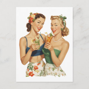 Vintage Pin-Up Zomer Cocktail Vrienden Briefkaart