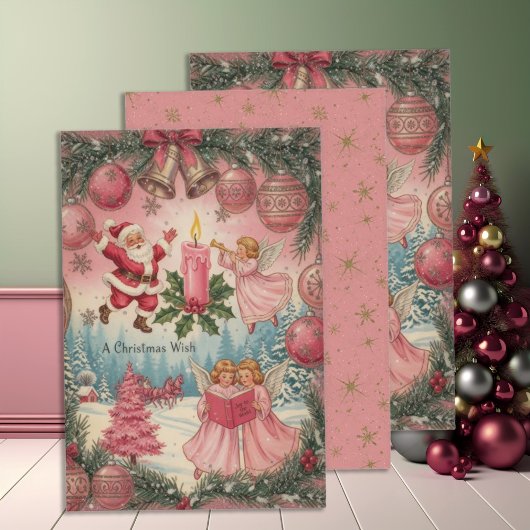 Vintage Pink Christmas Scene Inpakpapier Vel