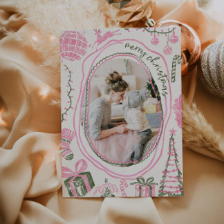 Vintage Pink Christmas Watercolor Family Photo Feestdagenkaart