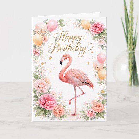 Vintage Pink Flamingo Birthday Kaart (Voorkant)
