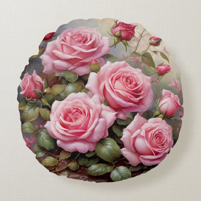 Vintage Pink Roses Rond Kussen (Voorkant)
