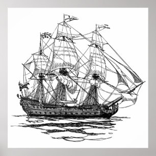 Vintage Piraten Galleon, Schets van een 74 kanonne Poster