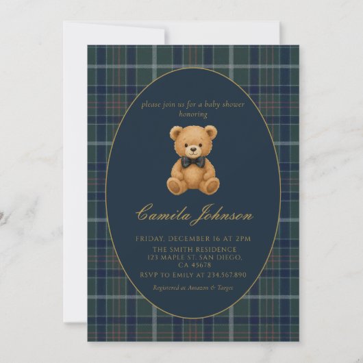 Vintage Plaid Teddy Bear Baby Shower Invitation (Devant)