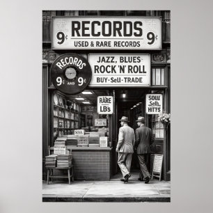Vintage Platenwinkel Poster, Zwart Witte Muziek Poster