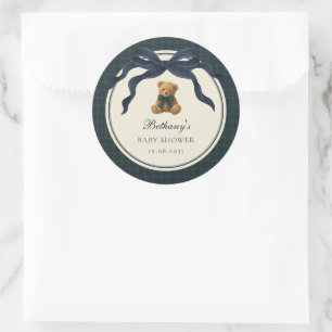 Vintage Polo Teddybeer Navy Blauwe Strik Plaid Ronde Sticker
